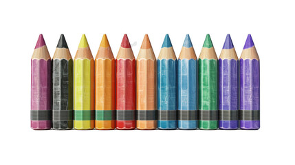 A set of colorful crayons lined up on a transparent background. PNG format, This PNG file, with an isolated cutout object on a transparent background. 