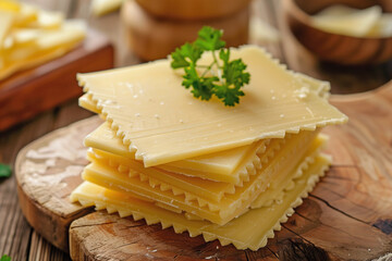 A stack of lasagna noodles with a parsley leaf on top