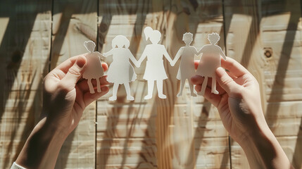 Mani con ritagli di carta a forma di persone. Importanza della famiglia e delle amicizie.