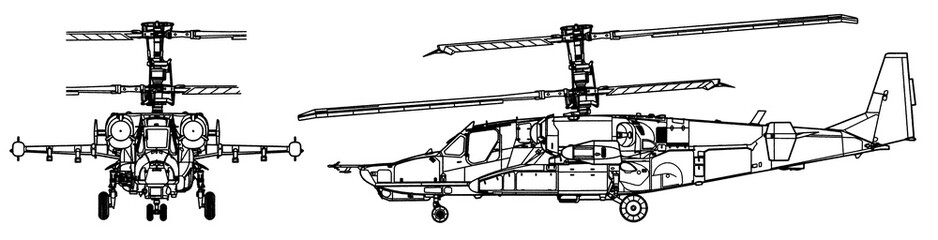 Drawing of russian military helicopter. Black shark.
General view. Front, side view.  Cad scheme.
