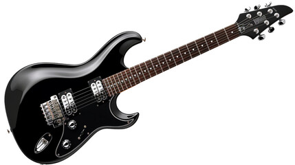 A sleek black electric guitar with chrome detailing on a transparent background. PNG format, This...