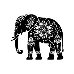 Elephant silhouette in bohemian, boho, nature illustration