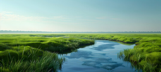 A hidden spot within a wetland with a clear blue stream winding through vibrant green marshes, under a clear sky