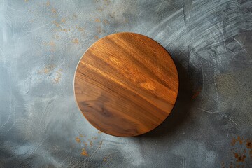 A wooden round plate sits on a grey surface