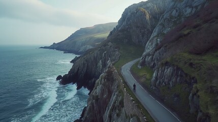 A family bike ride along a scenic coastal path, waves crashing against rugged cliffs below.
