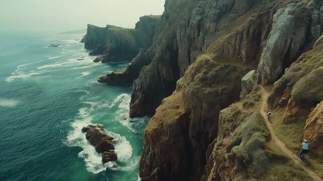 A family bike ride along a scenic coastal path, waves crashing against rugged cliffs below.