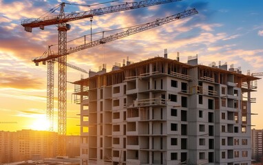 Building Under Construction With Crane in Background