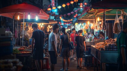 A group of friends exploring a bustling night market, sampling exotic street food under neon lights.