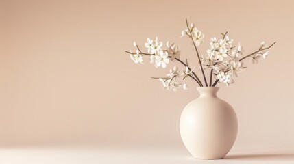 A delicate arrangement of white blossoms in a sleek beige vase, perfect for minimalist decor.