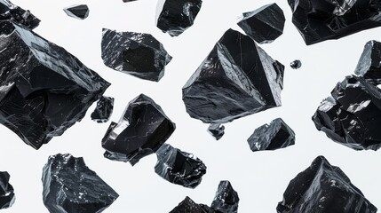 Mysterious black crystal shards floating against a white background.
