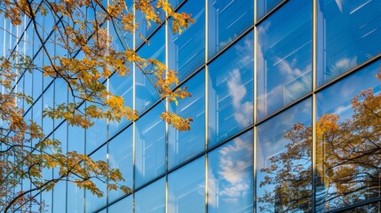 Clear blue glass building reflecting autumn sky and yellow foliage.
