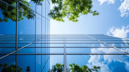 Modern office building with a reflective glass facade under a clear blue sky.