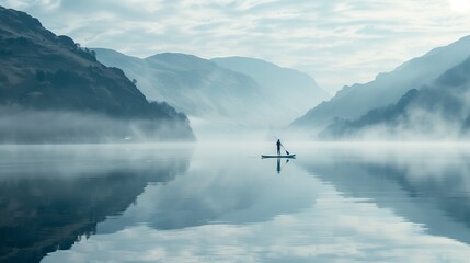 A serene morning paddleboarding on a glassy lake, surrounded by misty mountains.