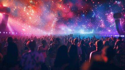 A vibrant music festival with crowds dancing under colorful lights and a starry sky.