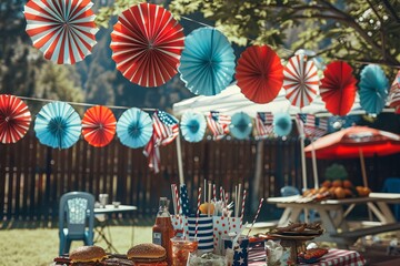 decoration out of red, white and blue paper fans on sticks, standing in front of an outdoor table with drinks and food.