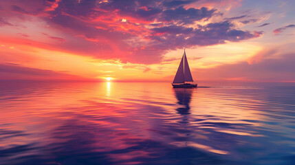 Fototapeta premium A lone sailboat drifting on a vast ocean at sunset, the sky a blazing mix of red, orange, and purple, reflecting on the water's surface