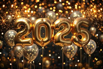 The banner. Happy New Year. Large balloons made of gold foil with the number 2025. Beautiful bokeh, glitter, sequins, Christmas balls. The concept of a party and a New Year's eve.