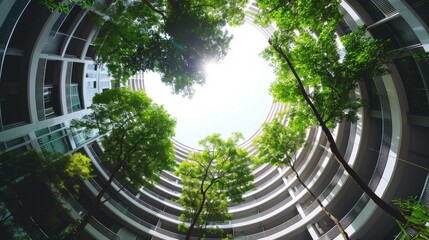 Upward view of a circular apartment complex surrounded by lush green trees.