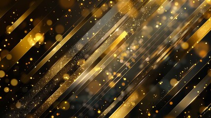 Abstract gold stripes with sparkling particles on a dark background. Graphic design backdrop. Modern luxury concept