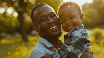 Cheerful African American father and son enjoying a sunny day in the park.