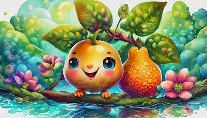 oil painting style CARTOON CHARACTER CUTE quince isolated on white background, top view. side front, fruit, quince