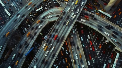 Top down aerial city view of freeway busy city road traffic jam highway.