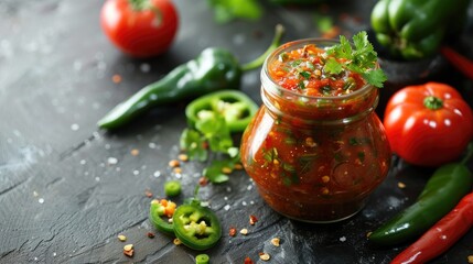 A glass jar with a spicy homemade sauce of tomatoes, red pepper, jalapeno and herbs