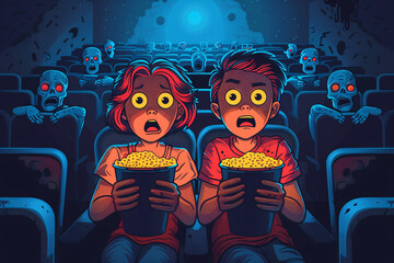 Illustration of a teenage boy and girl watching a scary movie at the cinema, Halloween theme 