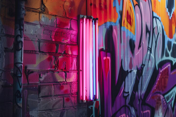 An image showcasing a neon tube sculpture against a vibrant graffiti-covered wall.
