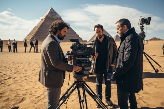 A group of men are gathered around a camera, possibly discussing filming plans or setting up equipment. The men appear focused and engaged in the task at hand
