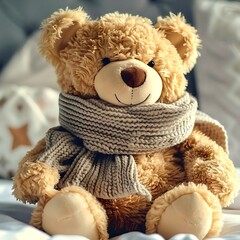 Teddy bear with a cold wrapped in a scarf
