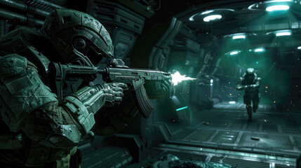 Futuristic soldier fires inside dark spaceship or space base, military shoots from machine gun in alien spacecraft. Theme of game, future, warfare, weapon and war