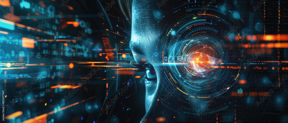Canvas Prints hacker eyes on digital data background, banner with abstract network information. theme of ai, cyber