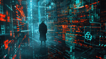 Person in dark cyber world, abstract digital data background, secure computer information. Theme of lock, protection, privacy, technology, security