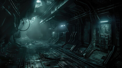 Scary dark interior of alien spaceship or base, spooky gloomy corridor inside extraterrestrial spacecraft, futuristic scene. Theme of future, space, scifi, horror, ship,