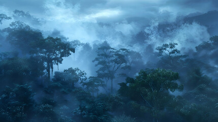 Fototapeta premium A misty rainforest at dawn, the air thick with fog and the trees cloaked in a ghostly veil, creating an atmosphere of mystery and intrigue