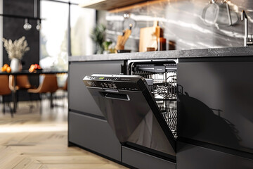 A slightly opened dishwasher in a modern kitchen, interior design
