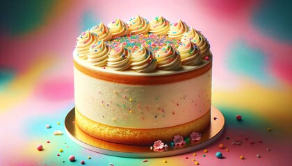Illustration of a birthday cake with cream and sprinkles on colorful background.