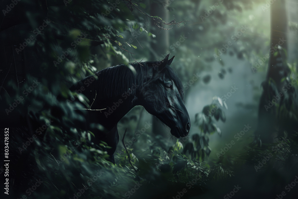 Canvas Prints a black horse emerging from the shadows of an enchanted forest, focusing on the mystical and etherea