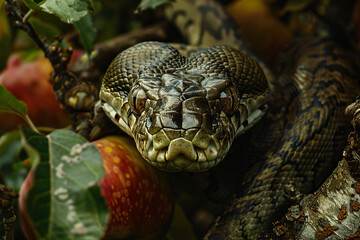 Fototapeta premium The snake in the Garden of Eden, a snake in a tree surrounded by The serpent in the Garden of Eden, a snake in a tree surrounded by fruits