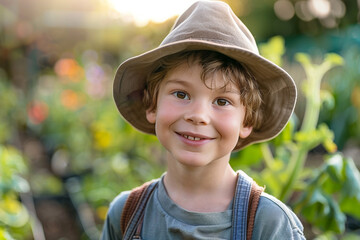 A Caucasian boy kid with a hat in front of a vegetable garden smiling and looking at the camera.
