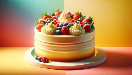 Illustration of cake with berries on colorful background.