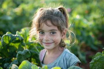 A Caucasian girl kid smiling in the middle of a vegetable garden. 