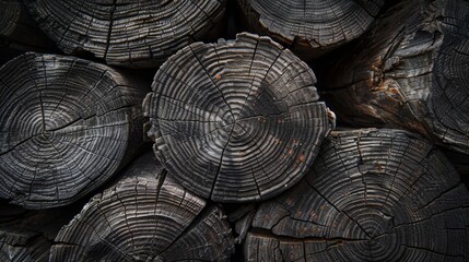 Stacked wood logs with detailed textures and natural rings