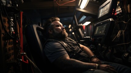 Obraz premium Bearded Man Relaxing in a High-Tech Simulator Space with Multiple Screens