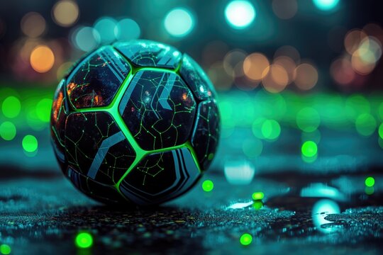 Soccer ball with neon lights on dark background. Close-up.
