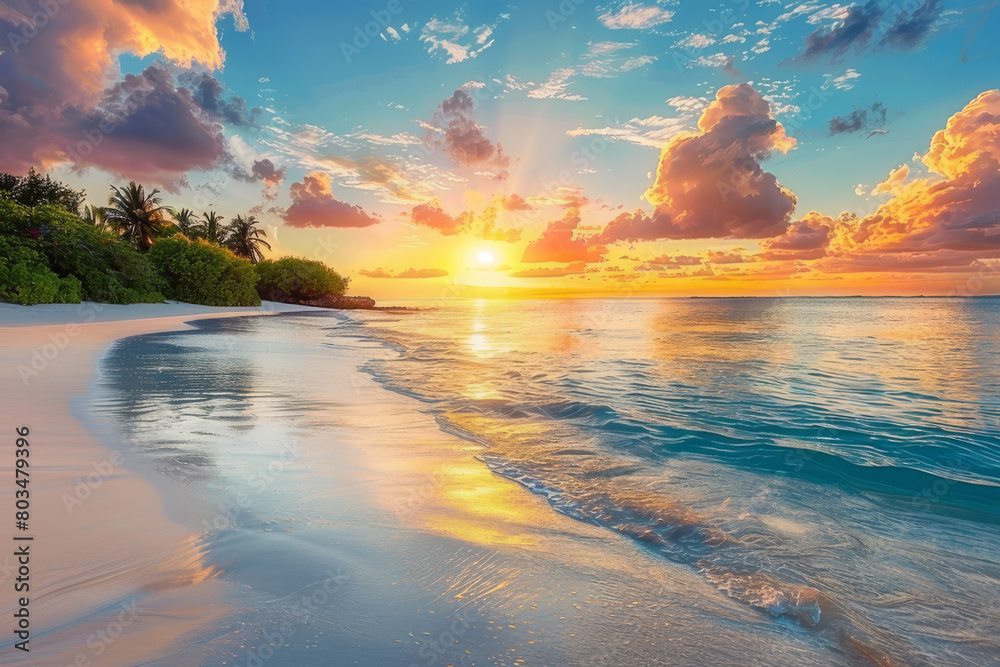 Wall mural An image depicting the serene moment of sunset at one of the world's most beautiful beaches, focusing on the spectacular display of colors in the sky reflected on the water's surface - Generative AI