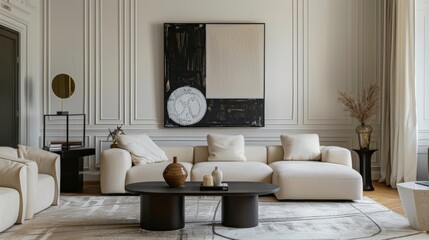 Classic living room with luxurious sofas and a bold black and white artwork.