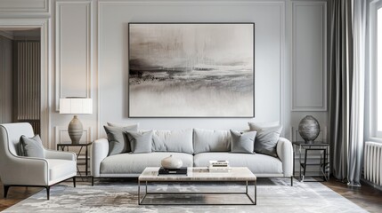 Spacious living room with contemporary gray sofas and large abstract wall art.