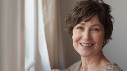 Older woman with short hair smiling warmly, soft indoor lighting.